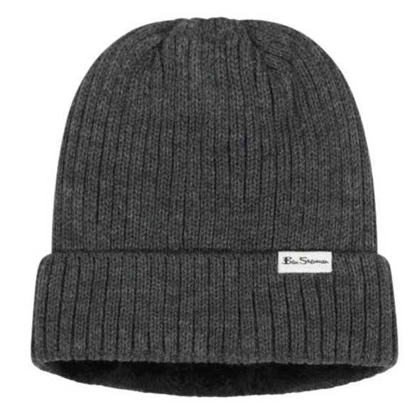 NWT Ben Sherman Men's Dark Gray Thermal Plush Lining Ribbed Knit Beanie Hat - Picture 1 of 8